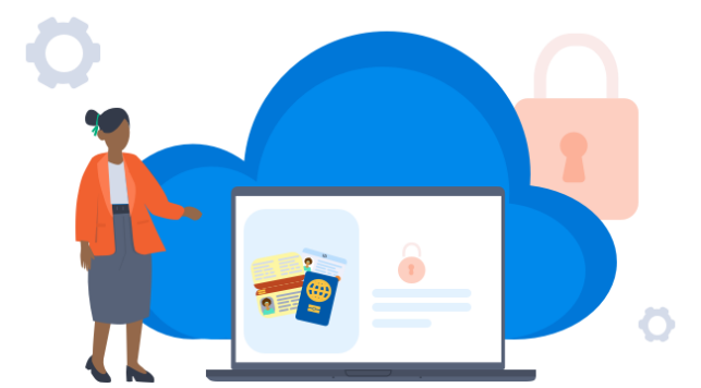 An illustration of a woman showing a device interface with identity documents within a secure system storing personal data with a lock in the background and that it is stored in the cloud.