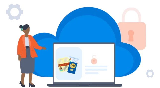 An illustration of a woman showing a device interface with identity documents within a secure system storing personal data with a lock in the background and that it is stored in the cloud.