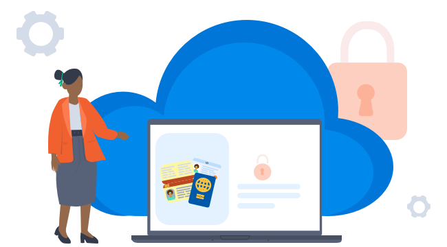 An illustration of a woman showing a device interface with identity documents within a secure system storing personal data with a lock in the background and that it is stored in the cloud.