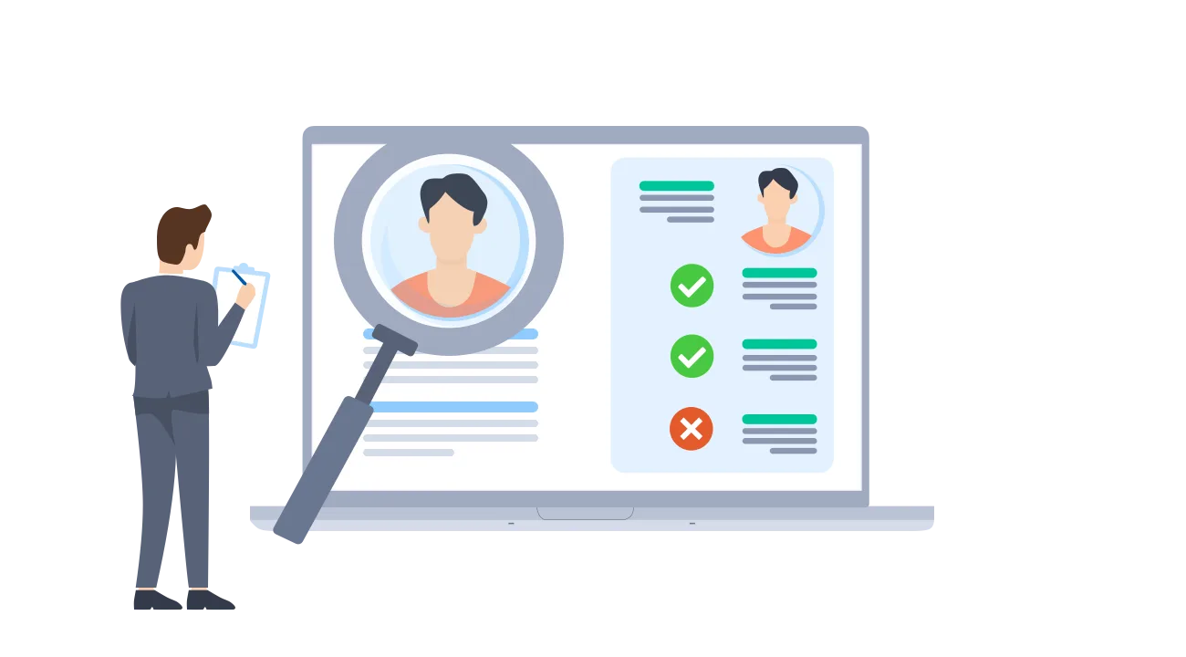 a person on the laptop screen with a magnifying glass on them and a checklist to the side