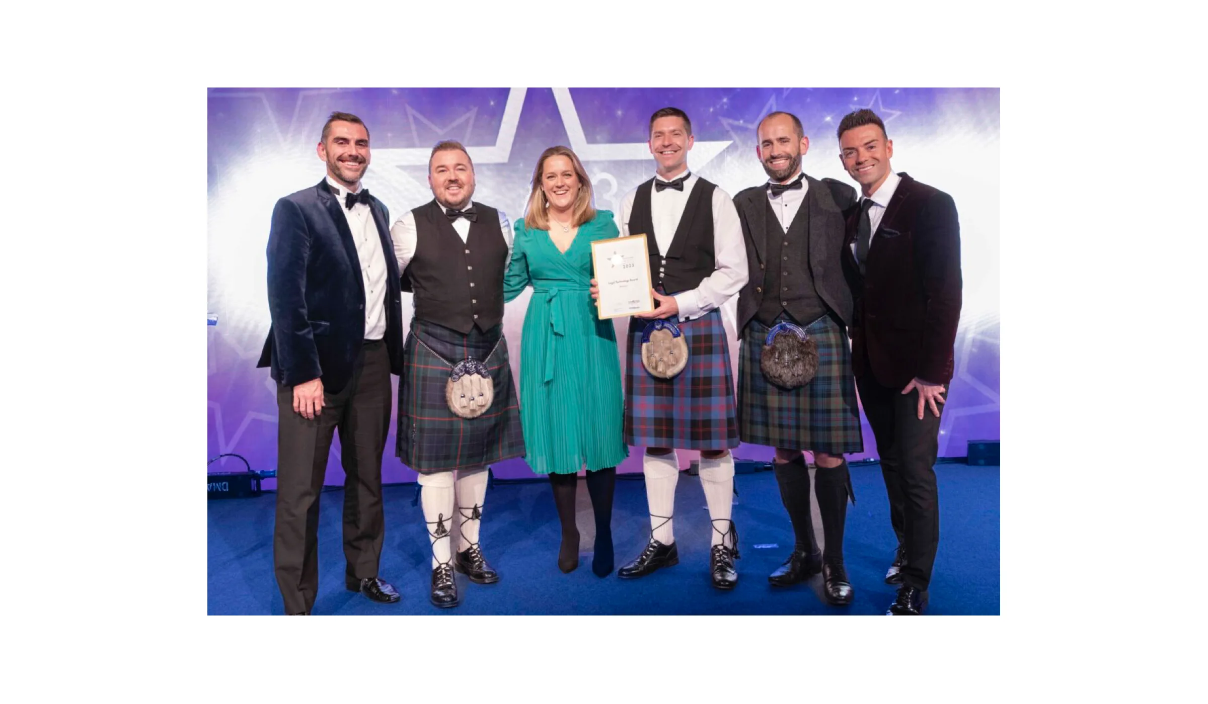 From left: Martin Nolan, general counsel at Skyscanner; Craig Wilson, senior relationship manager at Amiqus; Elaine Burgess, commercial operations director at Amiqus; Gregor Angus, senior business development manager at Amiqus; Callum Murray, CEO of Amiqus and Des Clarke, host the Scottish Legal Awards in Edinburgh