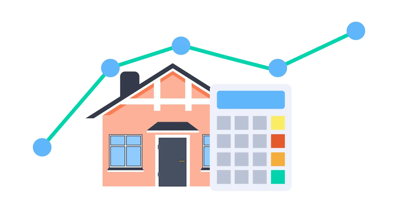 A house with a calculator with a graph in the background