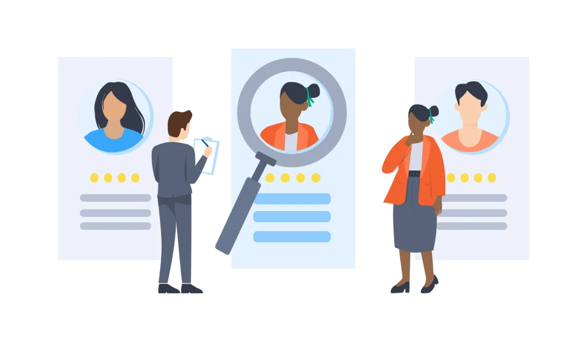 3 profiles with a magnifying glass on one of them to show right to work checks being done