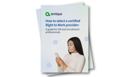 A woman on her phone on the cover a booklet that says how to select a certified right to work provider: a guide for HR and recruitment professionals