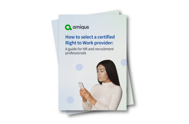 A woman on her phone on the cover a booklet that says how to select a certified right to work provider: a guide for HR and recruitment professionals