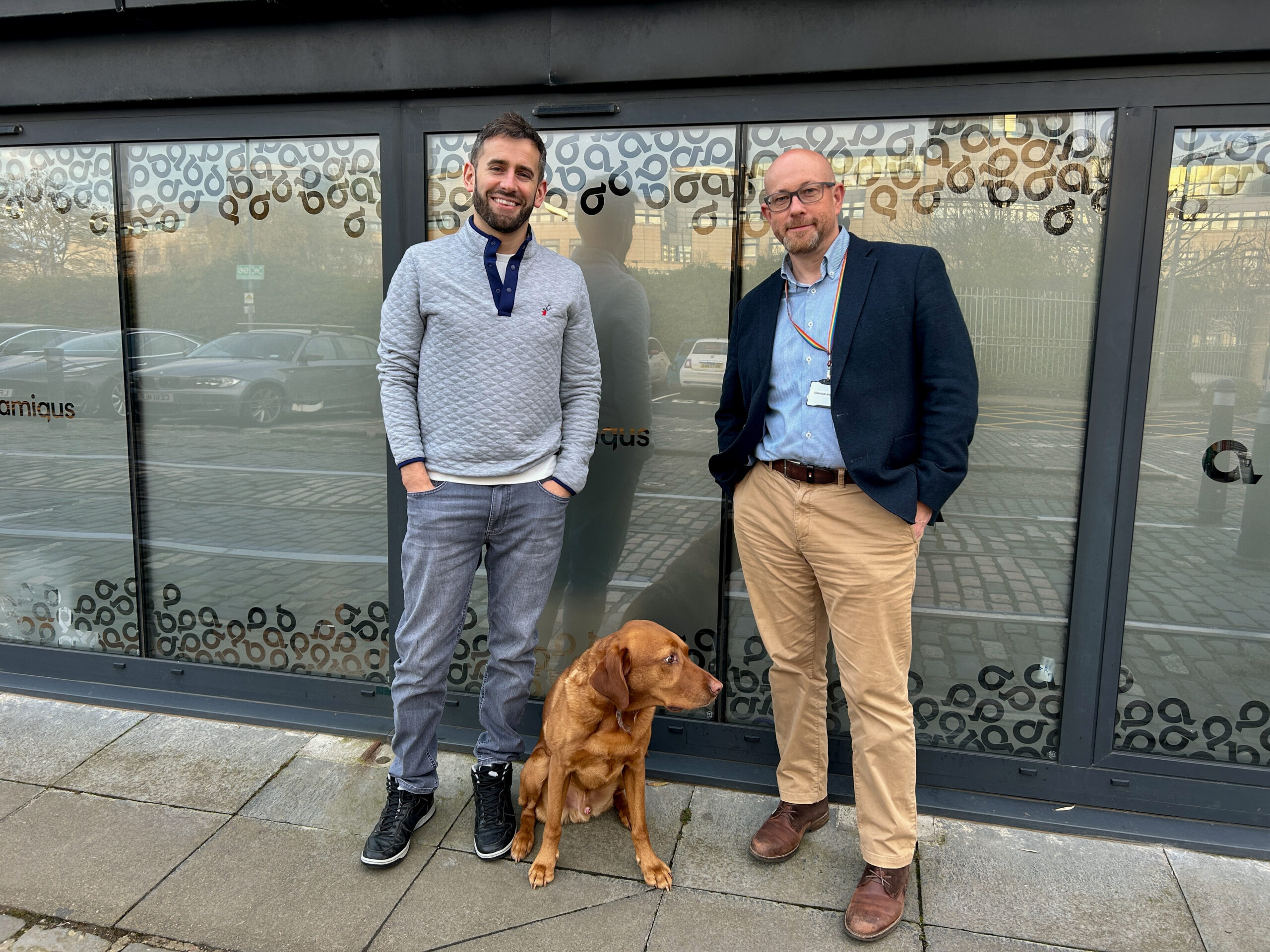 Amiqus CEO Callum Murray and Director of AML and Financial Crime Risk, Graham MacKenzie, outside the Amiqus headquarters in Leith, Edinburgh