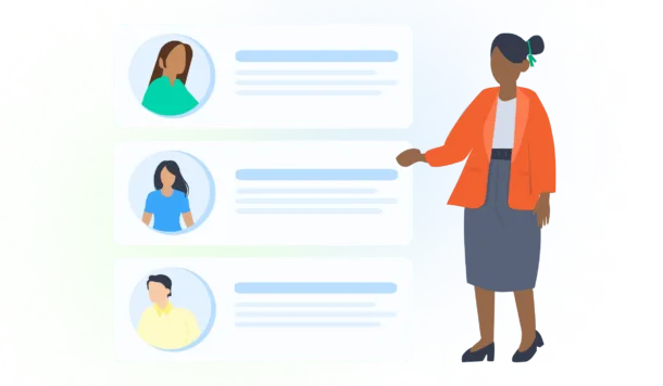 A woman pointing towards a list of candidates to select the best right to work provider
