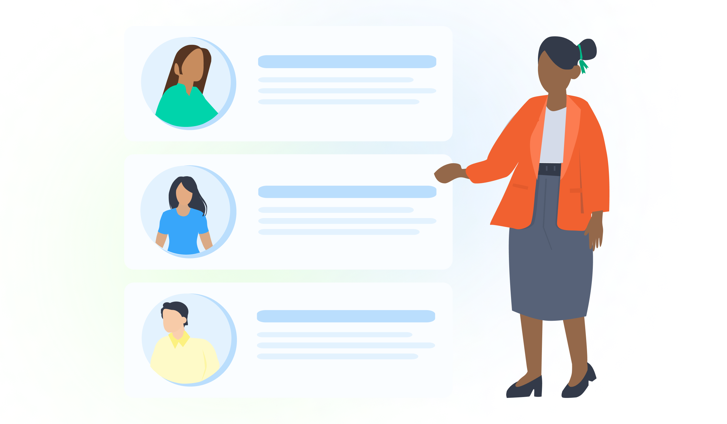 A woman pointing towards a list of candidates to select the best right to work provider