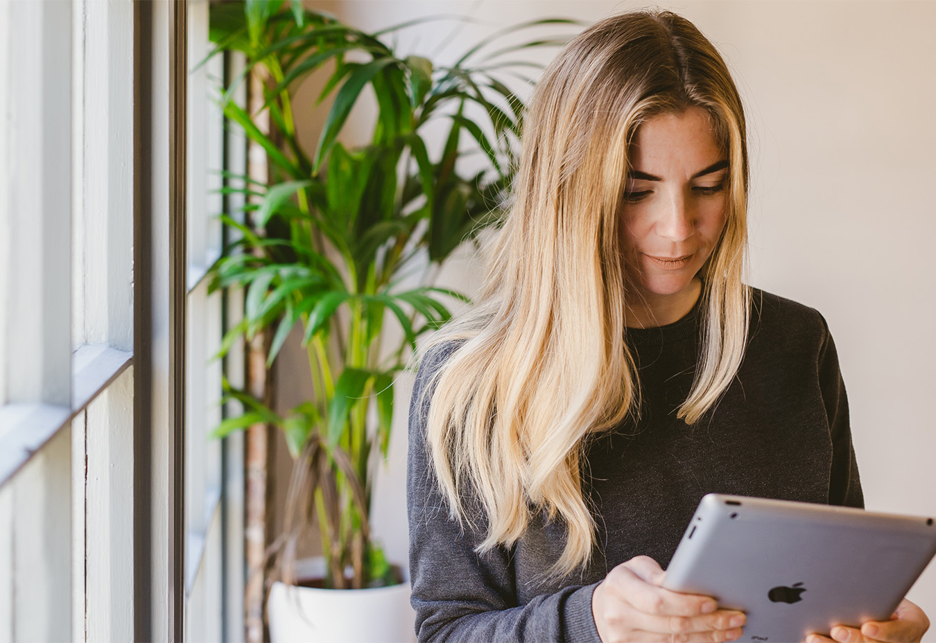 An image of a woman using an identity verification service with her IPad, standing next to a window with a large green indoor plant behind her.