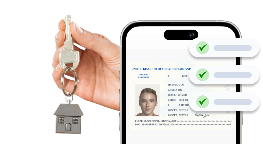 Image of a passport on passing identity checks on a mobile device and and image of a hand coming out the back of the phone holding a set of house keys.