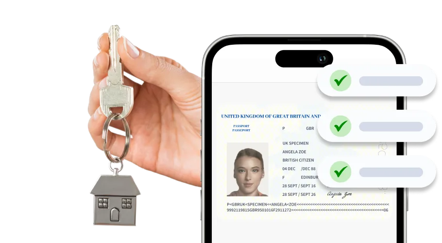 Image of a passport on passing identity checks on a mobile device and and image of a hand coming out the back of the phone holding a set of house keys.