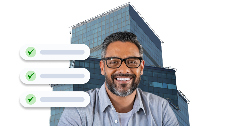 image of a man smiling with a corporate banking building in the background with ticks appearing beside him to show his background checks being approved.