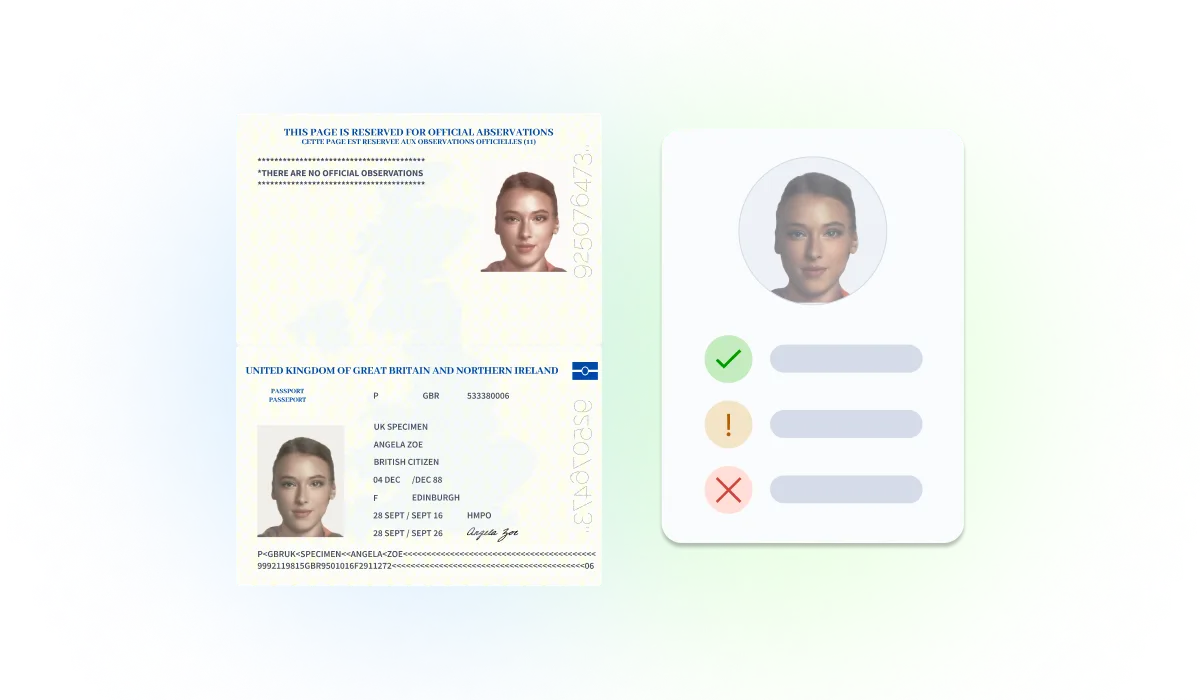 image of passport and next to it a profile of mixed outcomes of results on the watchlist check.