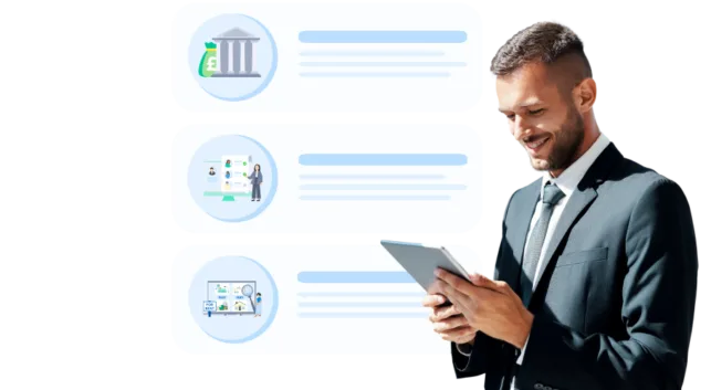 Man holding tablet device scrolling through blog articles