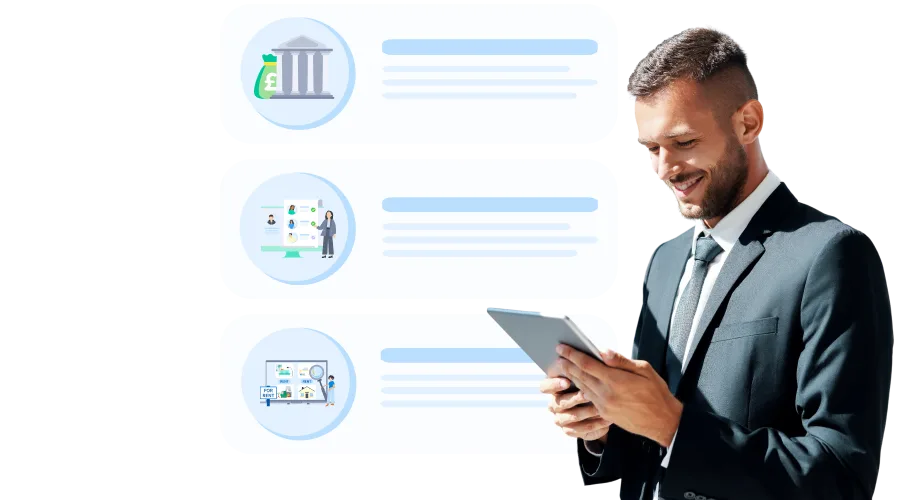 Man holding tablet device scrolling through blog articles
