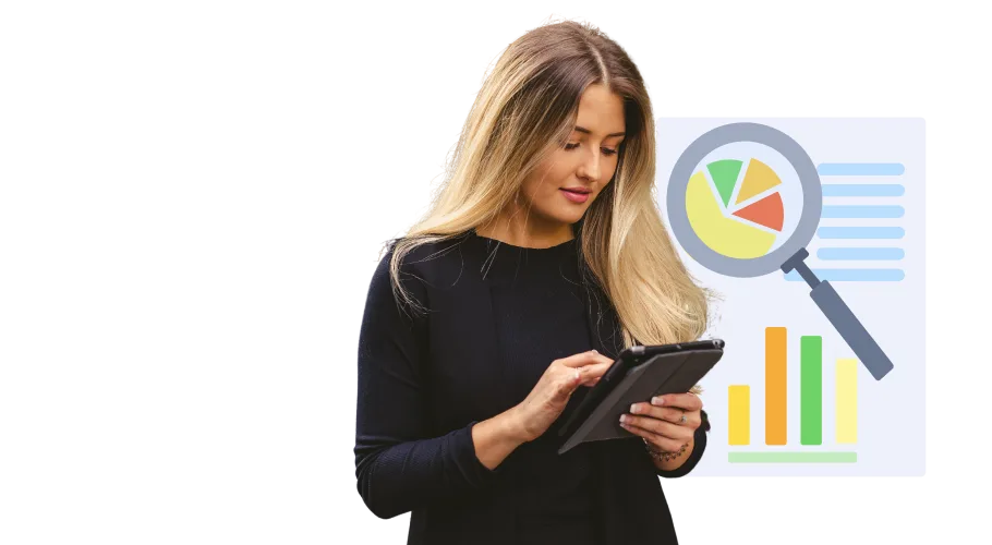 Image of a woman using a tablet device and an illustration of a report being looked at with a magnifying glass.