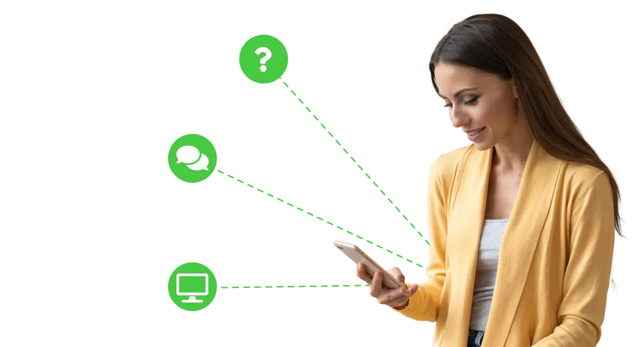 image of a woman using mobile to communicate. There is icons in the background showing a question mark, speech bubbles and a desktop.