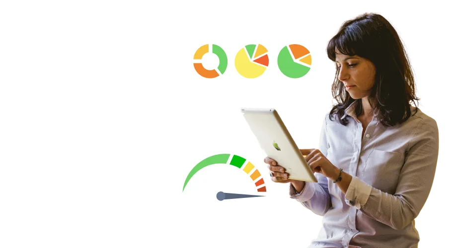 image of a woman using a tablet device and illustrations of graphs in the background.