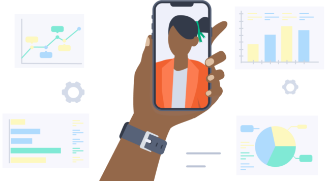 illustrative graphic of person holding a mobile device taking a picture of themselves via identity verification service. There is a decorative background of stats and graphs