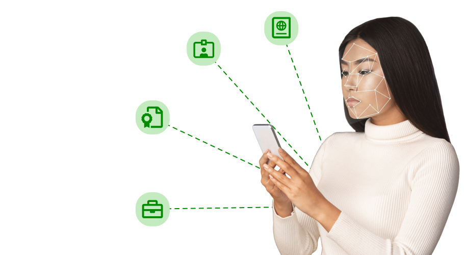 Image of a womans face being scanned using her phone do an identity verification. Icons appear in the background of a passport, id card, certificate and a briefcase.