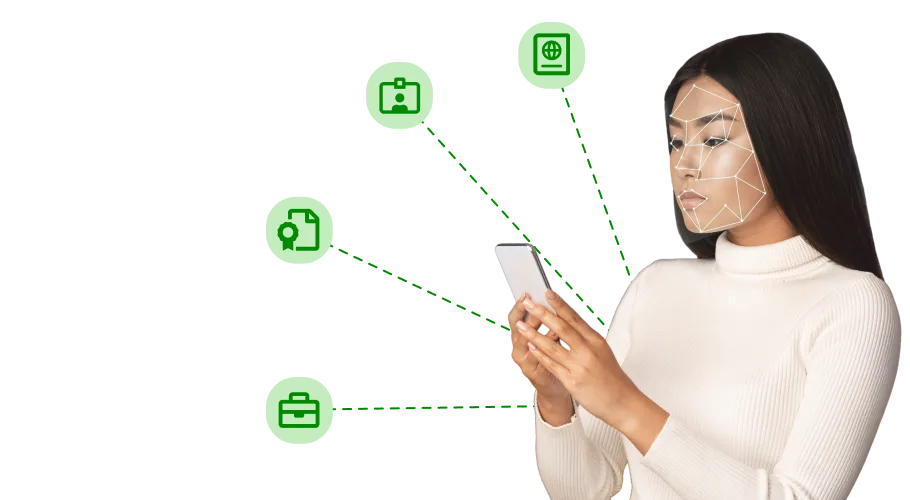 Image of a womans face being scanned using her phone do an identity verification. Icons appear in the background of a passport, id card, certificate and a briefcase.
