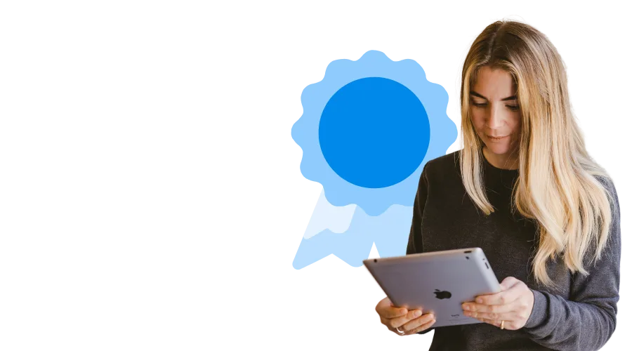 woman holding a tablet device which and award badge illustration in the background