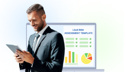 a man looking at a tablet in his hand with a laptop screen in the background that says LSoS risk assessment template