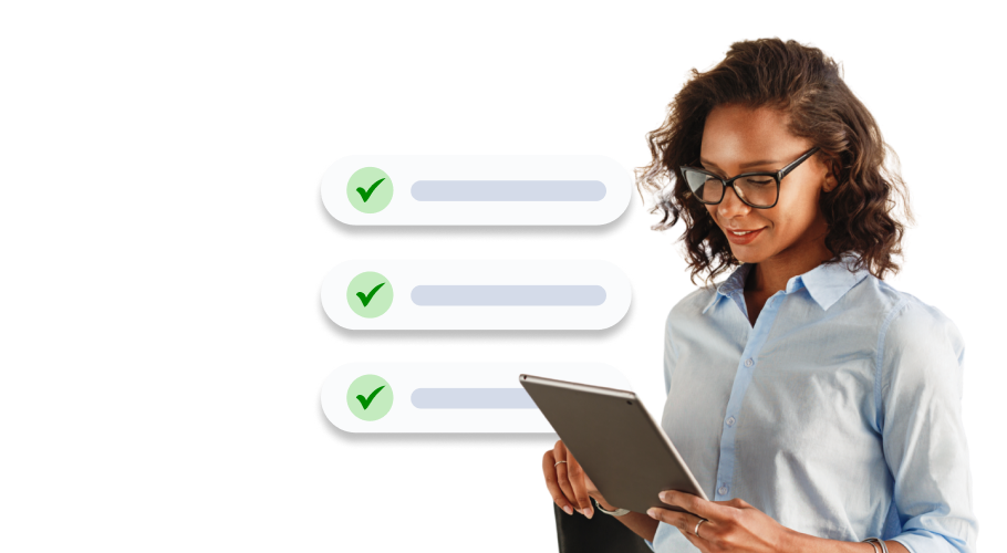 a woman looking at a tablet with a checklist on her side to represent the things to do for source of funds checks