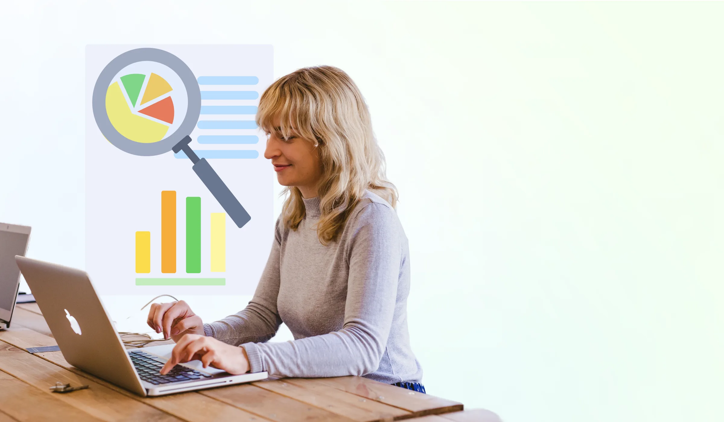 a woman working on her laptop with graphs in the background showing hiring compliance data