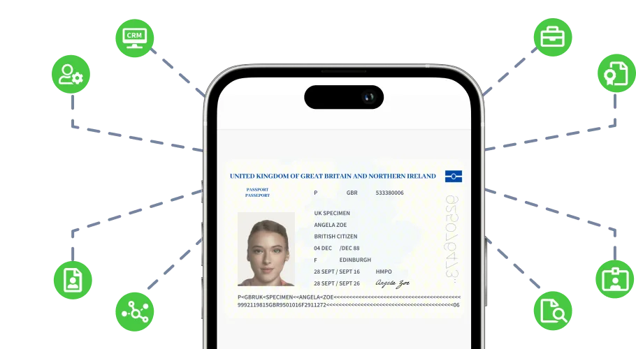 Image of mobile device showing an image of a passport. Then a number of branches of icons coming out of the device to show many integrations.