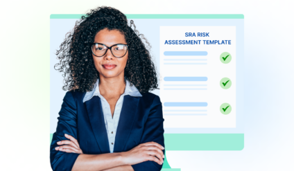 a woman standing in front of a computer screen that shows an SRA risk assessment template