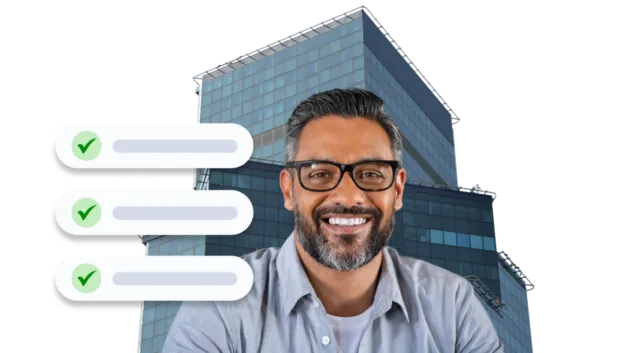image of a man smiling with a corporate banking building in the background with ticks appearing beside him to show his background checks being approved.