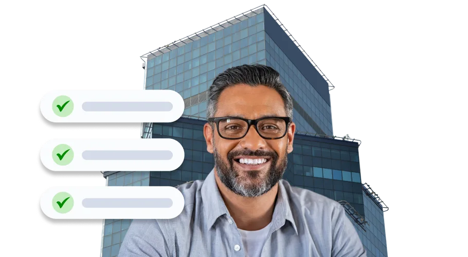 image of a man smiling with a corporate banking building in the background with ticks appearing beside him to show his background checks being approved.