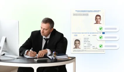 A professional sitting at his desk taking notes in front of a computer with an ID document in the background showing identity verification
