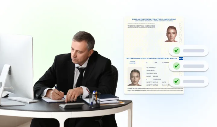 A professional sitting at his desk taking notes in front of a computer with an ID document in the background showing identity verification