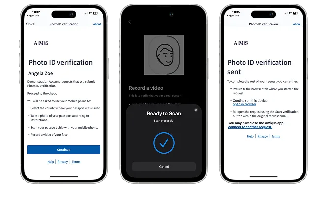 Image showcasing three workflow screens of the Amiqus app for photo ID verification
