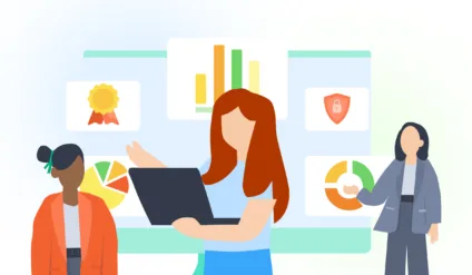 women in tech building things around a screen which shows graphs