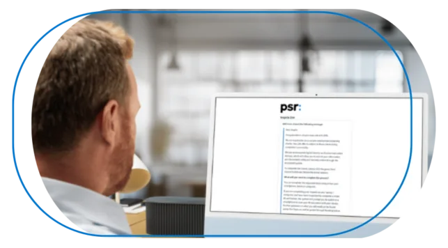 Image of a man on desktop using the Amiqus platform with PSR branding