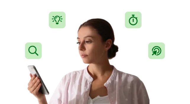 a woman looking at her phone with different icons relating to Companies House identity verification around her