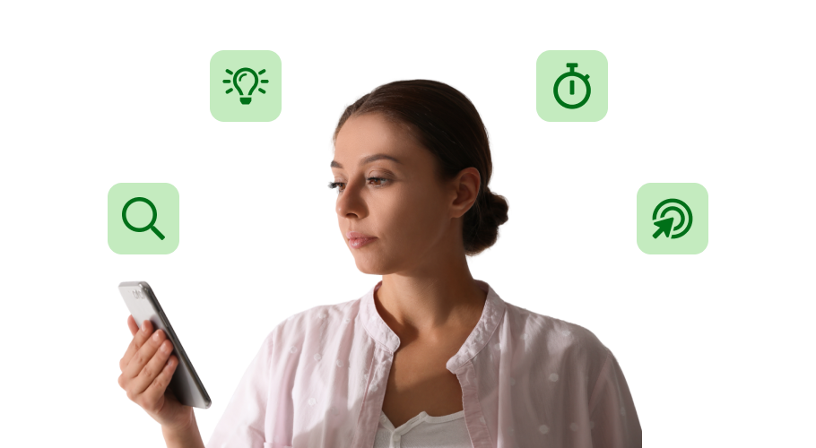 a woman looking at her phone with different icons relating to Companies House identity verification around her