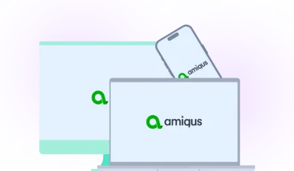 Amiqus logo on a computer screen, laptop, and mobile to represent accessibility