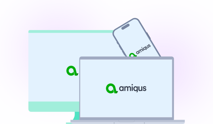Amiqus logo on a computer screen, laptop, and mobile to represent accessibility