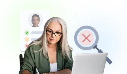 A woman taking notes in front of her laptop with a magnifying glass and checklist in the background