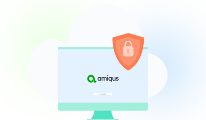 a computer screen showing the Amiqus logo with a shield and a lock on the side of the screen