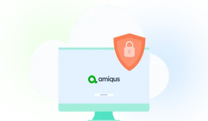 a computer screen showing the Amiqus logo with a shield and a lock on the side of the screen