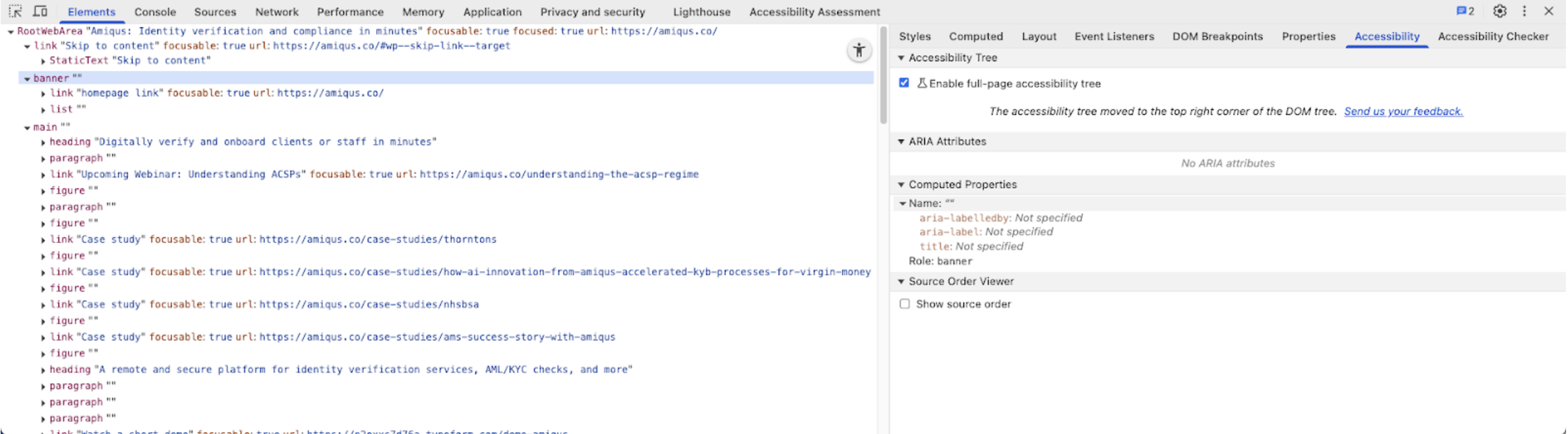 Screenshot from the Chrome Internet Browser. It shows a console which is open using the Accessibility panel. 