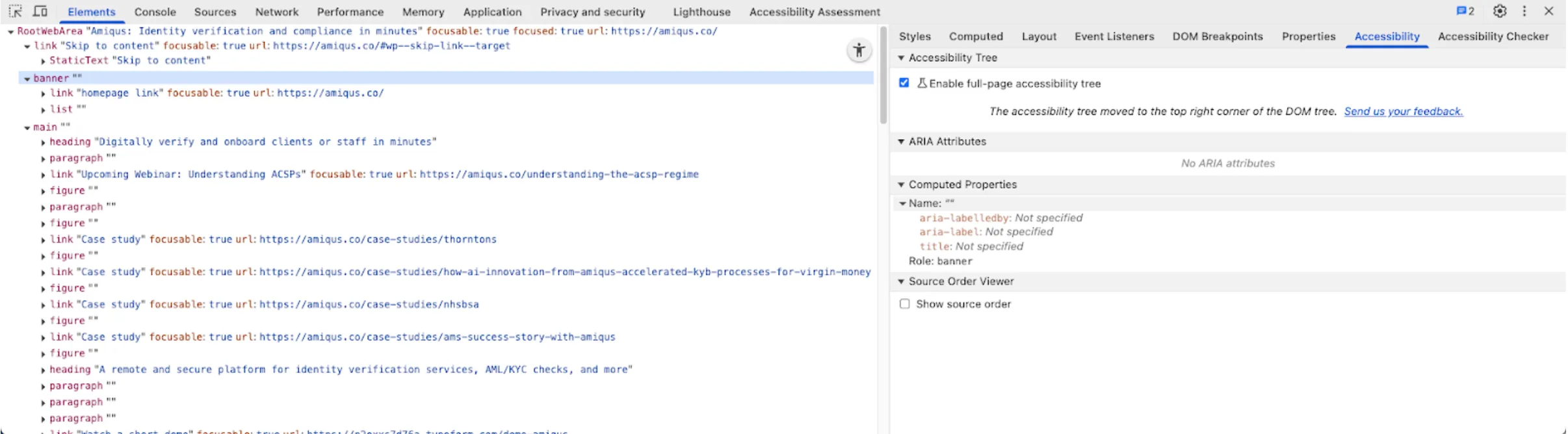 Screenshot from the Chrome Internet Browser. It shows a console which is open using the Accessibility panel. 