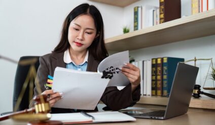 Law employee reading a document