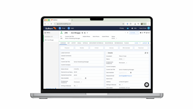Laptop showing Bullhorn and Amiqus integration