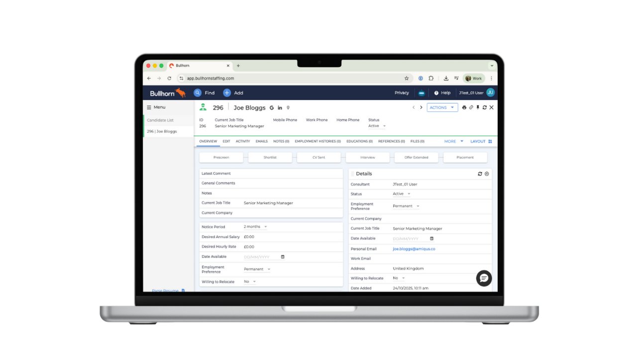 Laptop showing Bullhorn and Amiqus integration